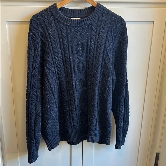 LL Bean Sweater Mens XL Regular Blue Fisherman Crewneck Cable Knit Organic